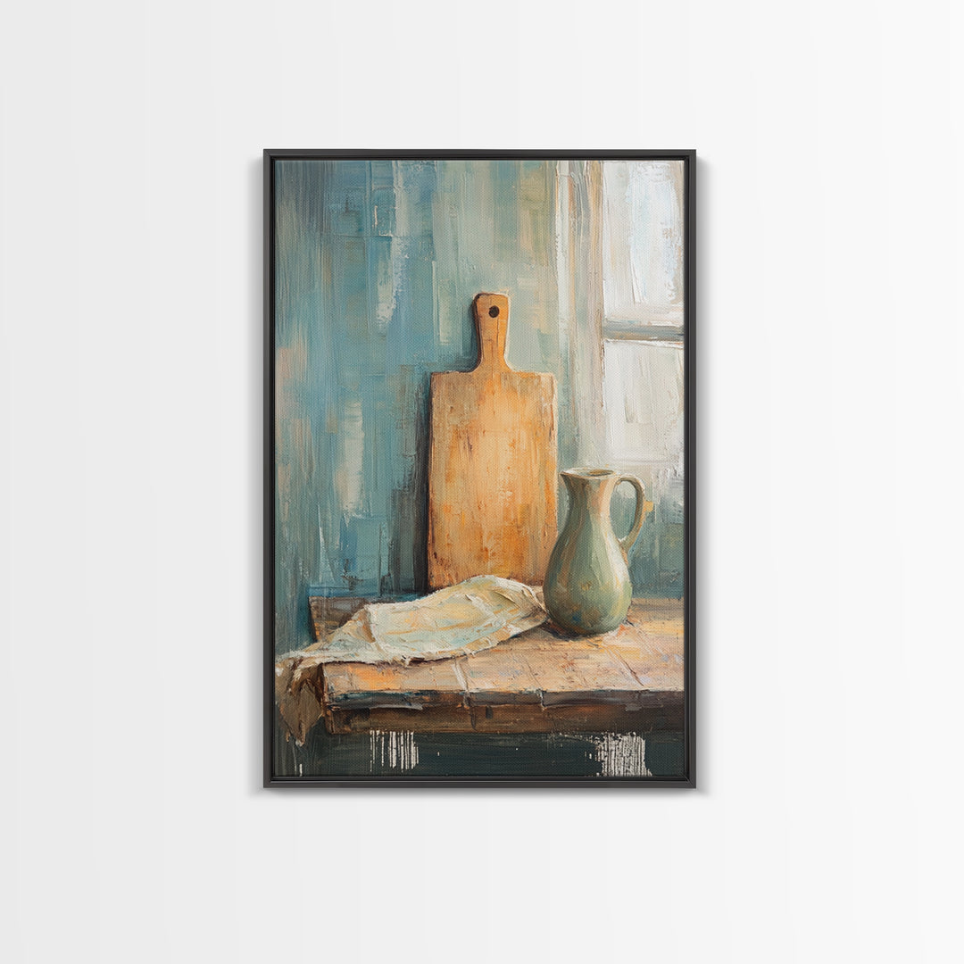Rustic Cutting Board And Ceramic Pitcher Wall Art, Farmhouse Kitchen Decor, Country Still Life Art Print, Housewarming Gift