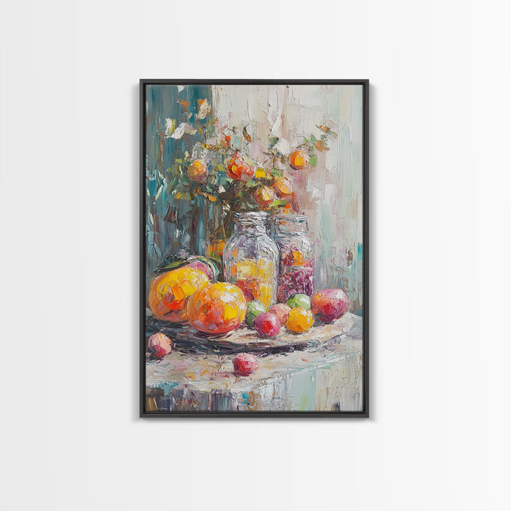 Colorful Citrus Fruit Still Life With Glass Jars Canvas Print, Kitchen Wall Art, Rustic Farmhouse Dining Room Decor, Foodie Gift