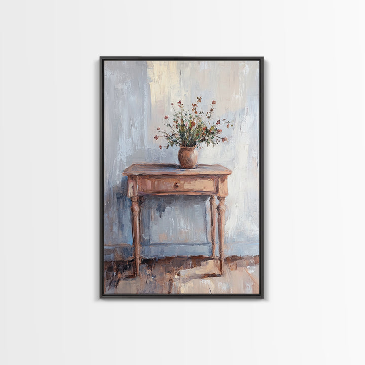 Rustic Console Table With Wildflower Vase Wall Art, Neutral Farmhouse Canvas Print, Entryway Living Room Wall Decor, Home Decor