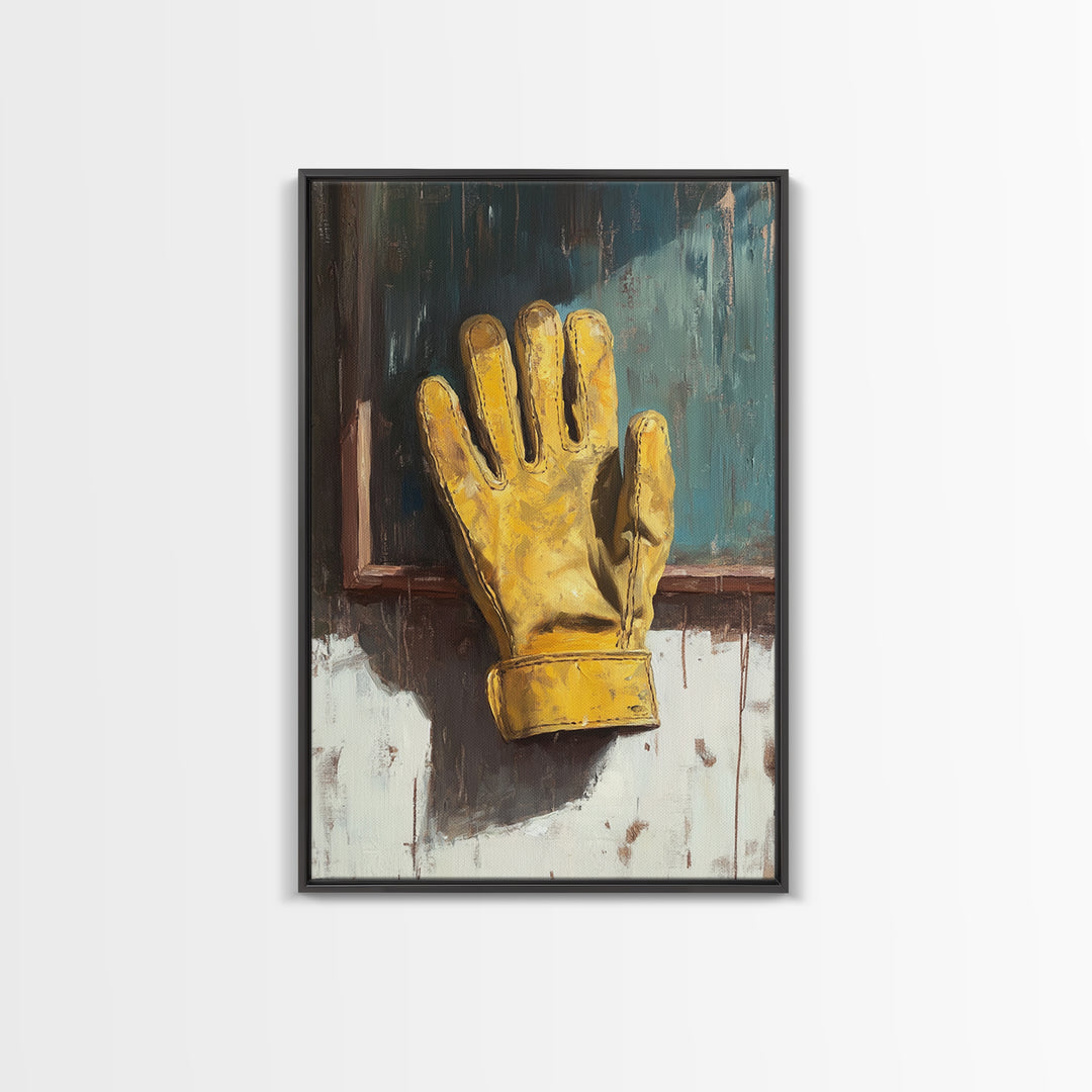 Yellow Work Glove On Rustic Chalkboard Wall Art, Industrial Garage Canvas Print, Tool Room Man Cave Wall Decor, Gift For Him