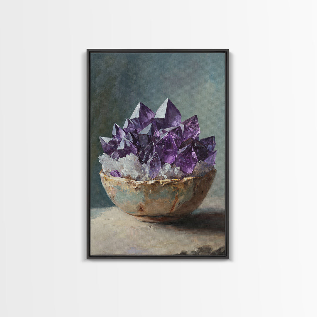 Purple Amethyst Crystals In Rustic Bowl Canvas Print, Crystal Wall Art, Spiritual Decor, Boho Home Decor, Gift For Her, Living Room Decor