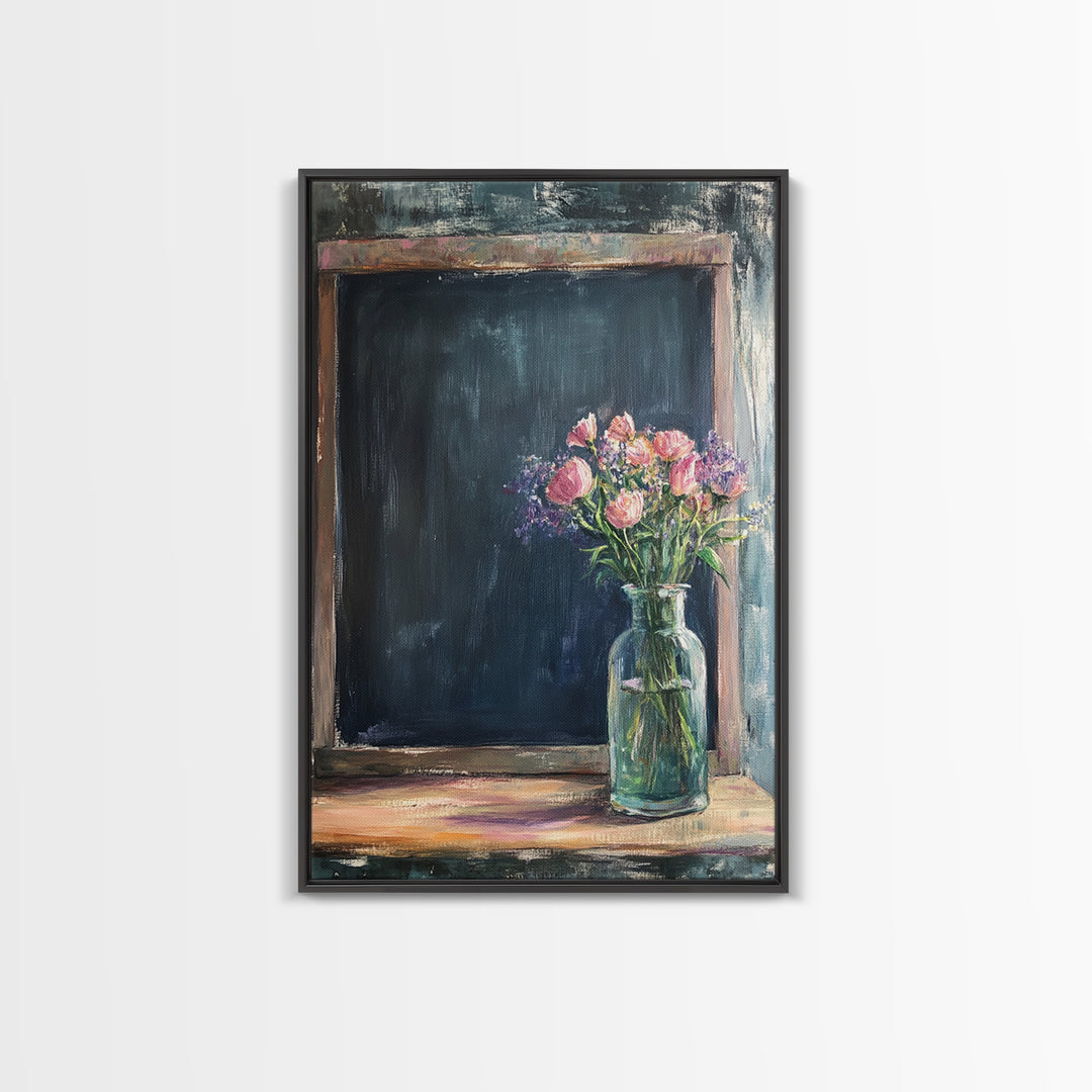 Chalkboard With Pink Flowers Wall Art, Rustic Kitchen Decor, Farmhouse Canvas Print, Floral Still Life, Dining Room Print