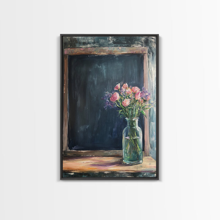 Chalkboard With Pink Flowers Wall Art, Rustic Kitchen Decor, Farmhouse Canvas Print, Floral Still Life, Dining Room Print