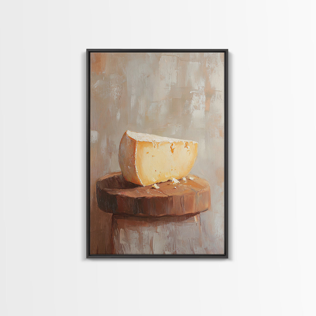 Cheese Wedge On Rustic Stool Canvas Print, Minimalist Kitchen Wall Art, Food Still Life, Farmhouse Decor, Gift For Foodie