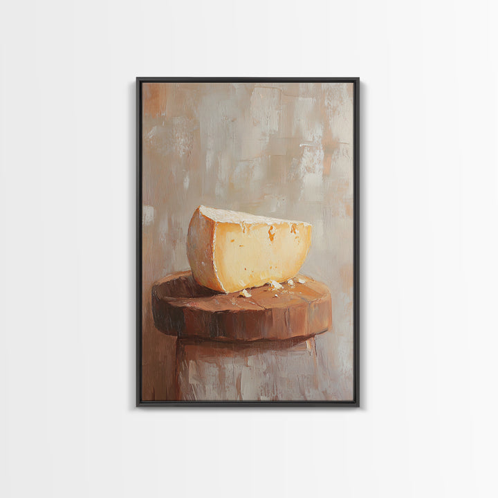 Cheese Wedge On Rustic Stool Canvas Print, Minimalist Kitchen Wall Art, Food Still Life, Farmhouse Decor, Gift For Foodie