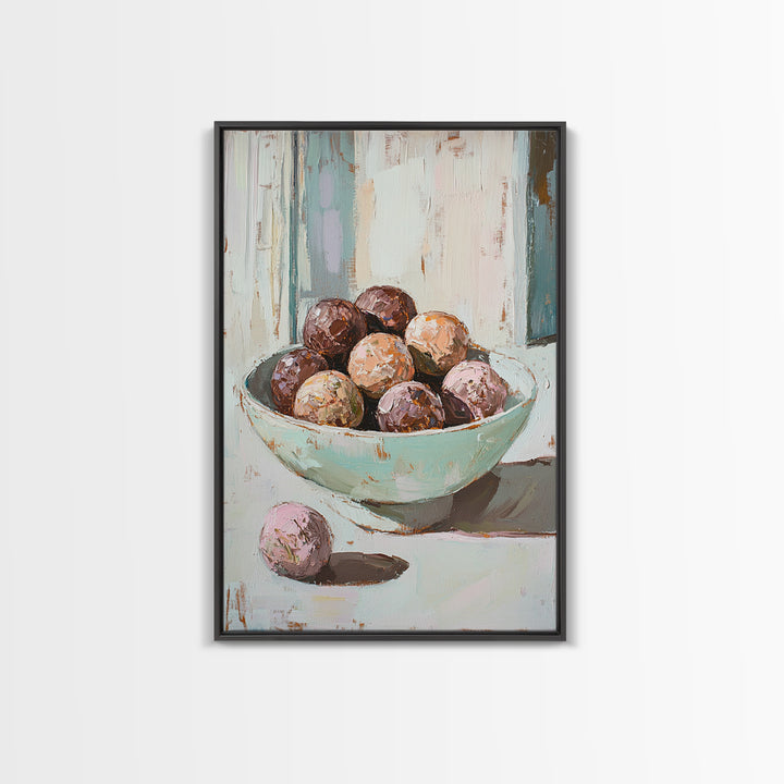 Pastel Bowl Of Chocolate Truffles Wall Art, Kitchen Decor, Food Still Life Painting, Whimsical Bakery Art Print Gift For Her