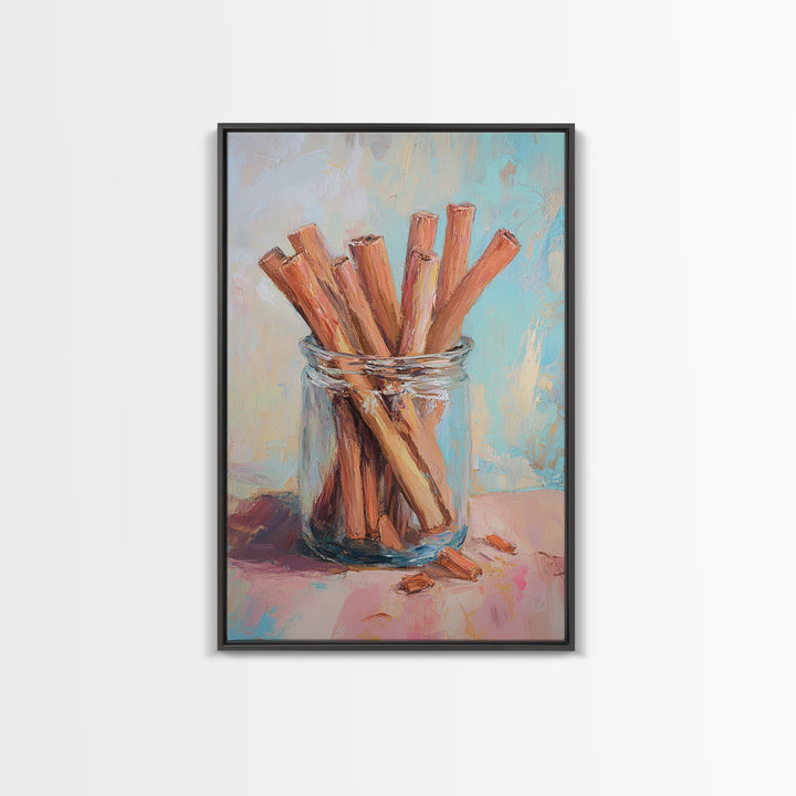 Cinnamon Sticks In Glass Jar Framed Canvas Print, Rustic Kitchen Wall Art, Spice Painting, Farmhouse Home Decor Gift Idea