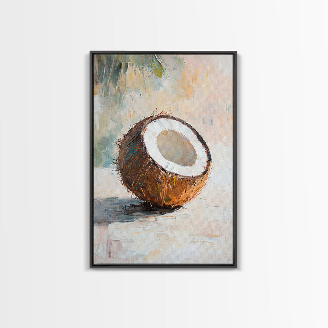 Split Coconut Still Life Canvas Print, Tropical Kitchen Wall Art, Coastal Home Decor, Food Art Print, Rustic Beach House Gift
