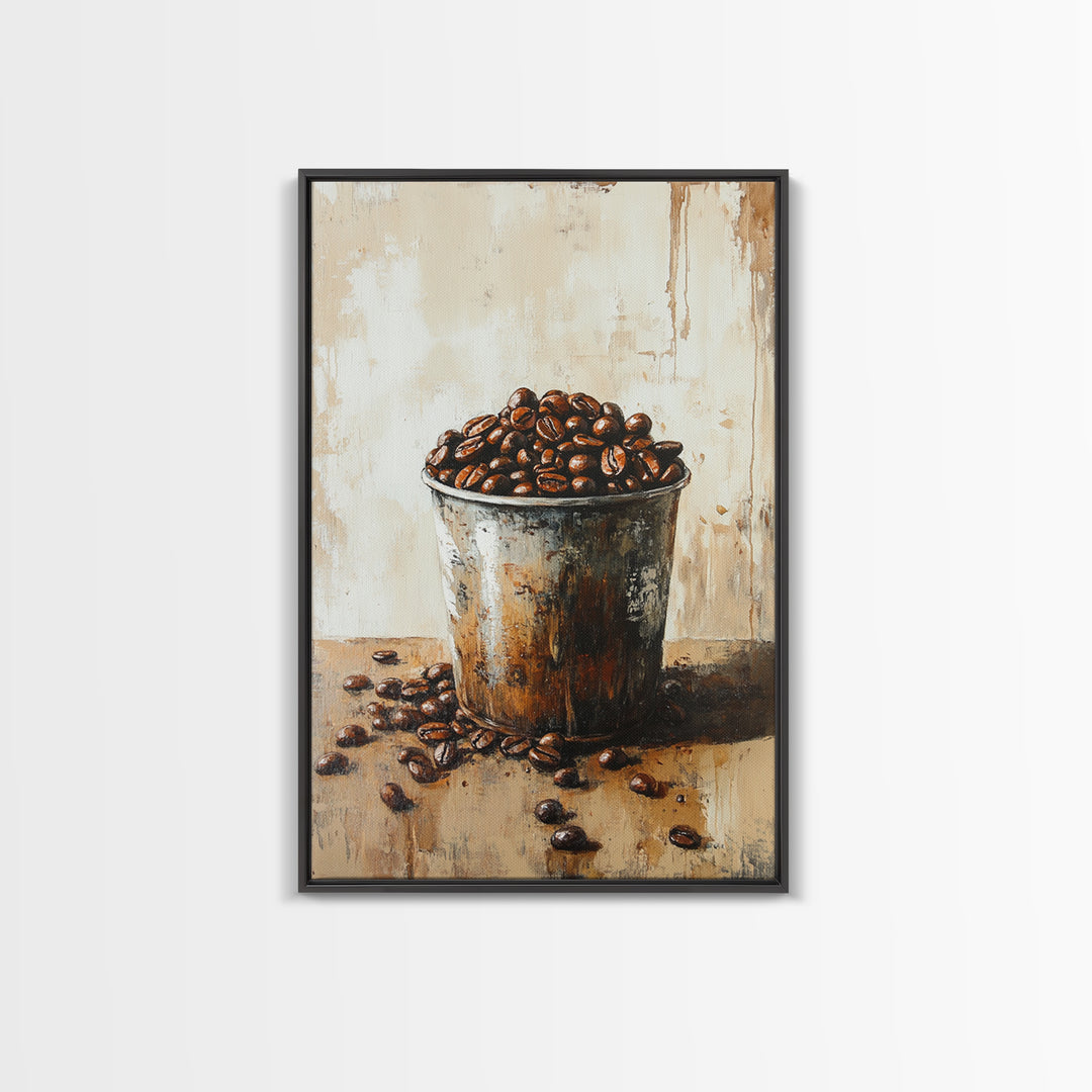 Coffee Beans In Rustic Tin Canvas Print, Kitchen Wall Art, Coffee Bar Decor, Cafe Poster, Foodie Gift For Coffee Lovers Art