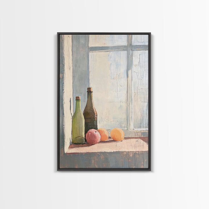 Bottles And Citrus On Windowsill Canvas Print, Rustic Kitchen Wall Art, Still Life Art Print, Farmhouse Dining Room Decor