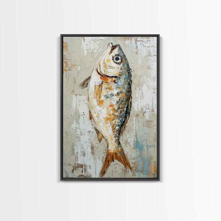 Silver Fish Impasto Canvas Print, Coastal Kitchen Wall Art, Nautical Seafood Decor, Ocean Animal Art Print, Beach House Gift