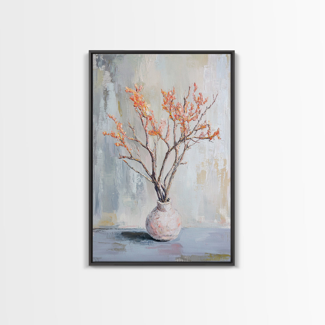 Orange Blossom Branches In Ceramic Vase Canvas Print, Minimalist Botanical Wall Art, Japandi Decor, Calm Neutral Home Gift