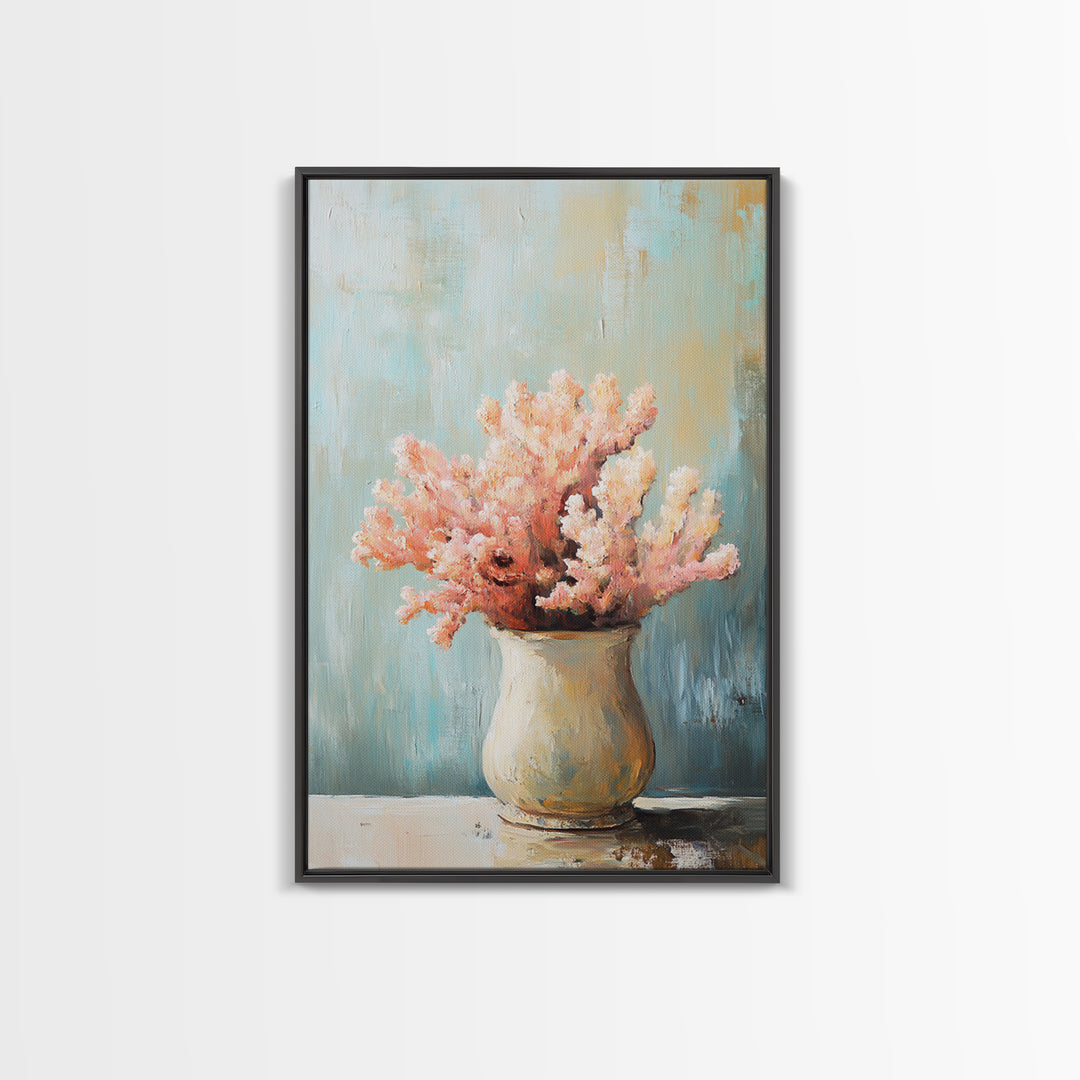 Pink Coral Still Life In Ceramic Vase, Framed Canvas Print, Coastal Wall Art, Beach House Decor, Soft Pastel Home Decor Gift