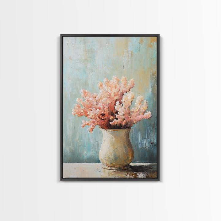 Pink Coral Still Life In Ceramic Vase, Framed Canvas Print, Coastal Wall Art, Beach House Decor, Soft Pastel Home Decor Gift