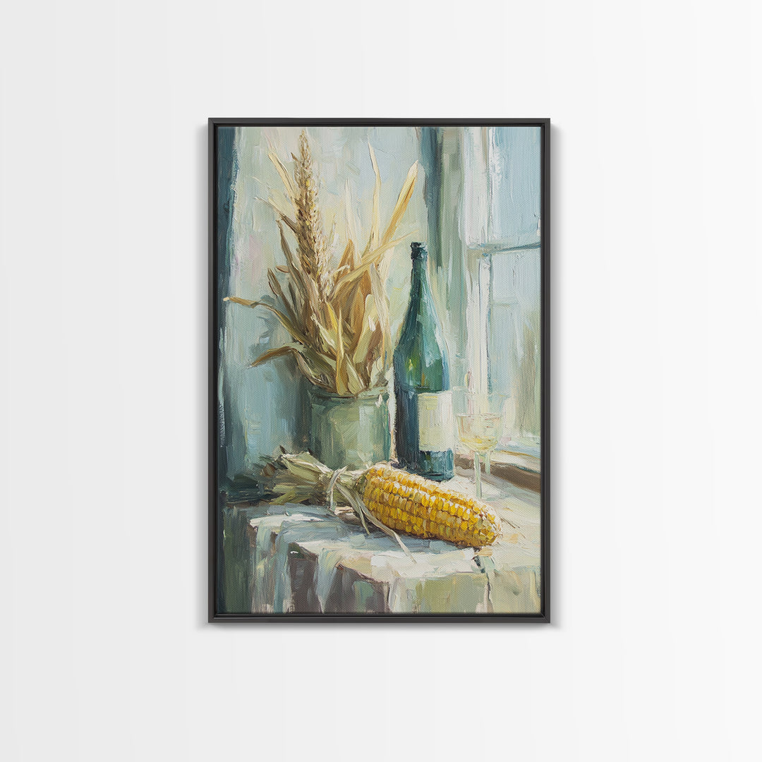 Sunlit Corn And Wine Bottle Still Life, Canvas Print, Farmhouse Kitchen Wall Art, Rustic Country Decor, Dining Room Print
