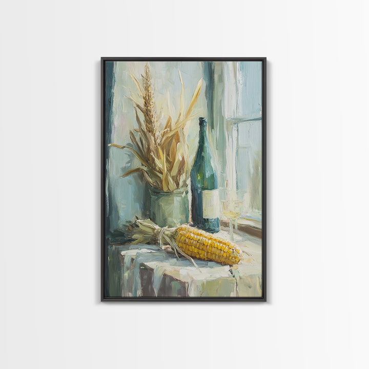 Sunlit Corn And Wine Bottle Still Life, Canvas Print, Farmhouse Kitchen Wall Art, Rustic Country Decor, Dining Room Print
