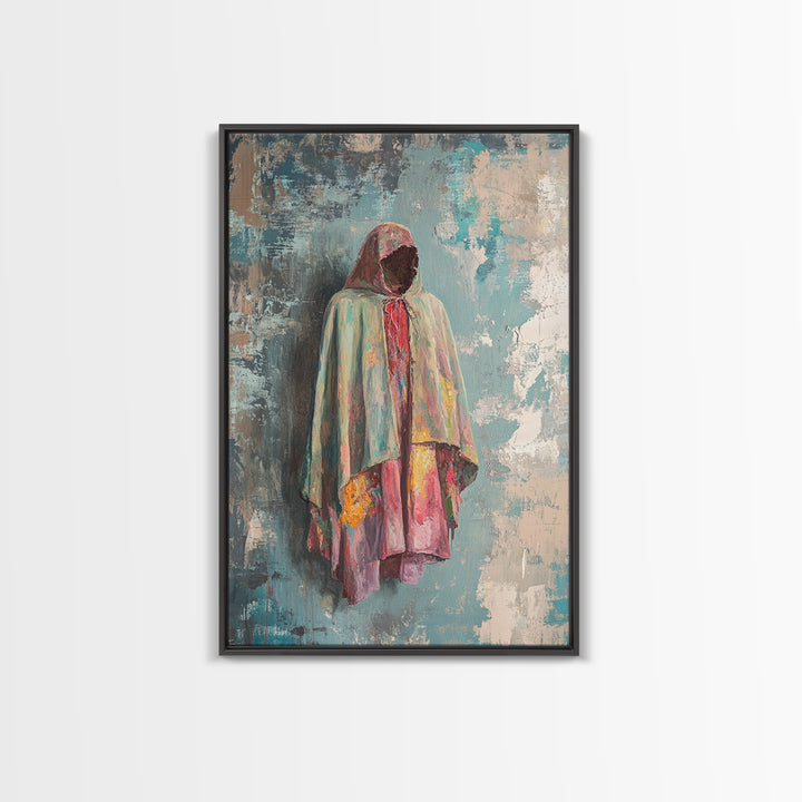 Hooded Pastel Figure In Flowing Robe, Wall Art, African Inspired Art, Cultural Wall Decor, Boho Neutral Home Decor Gift Idea