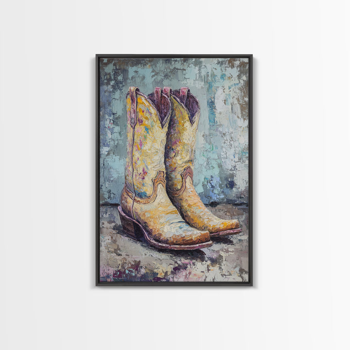 Yellow Cowboy Boots Oil Painting, Canvas Print, Western Wall Art, Cowgirl Decor, Rodeo Housewarming Gift, Rustic Home Decor