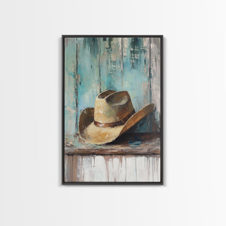 Worn Cowboy Hat On Weathered Shelf, Framed Canvas Print, Western Wall Art, Rustic Ranch Decor, Gift For Him, Man Cave Decor