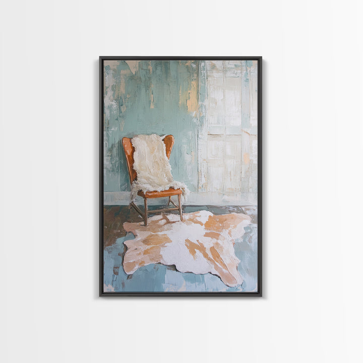 Leather Chair And Cowhide Rug Interior, Canvas Print, Rustic Wall Art, Western Home Decor, Neutral Living Room Wall Art Print