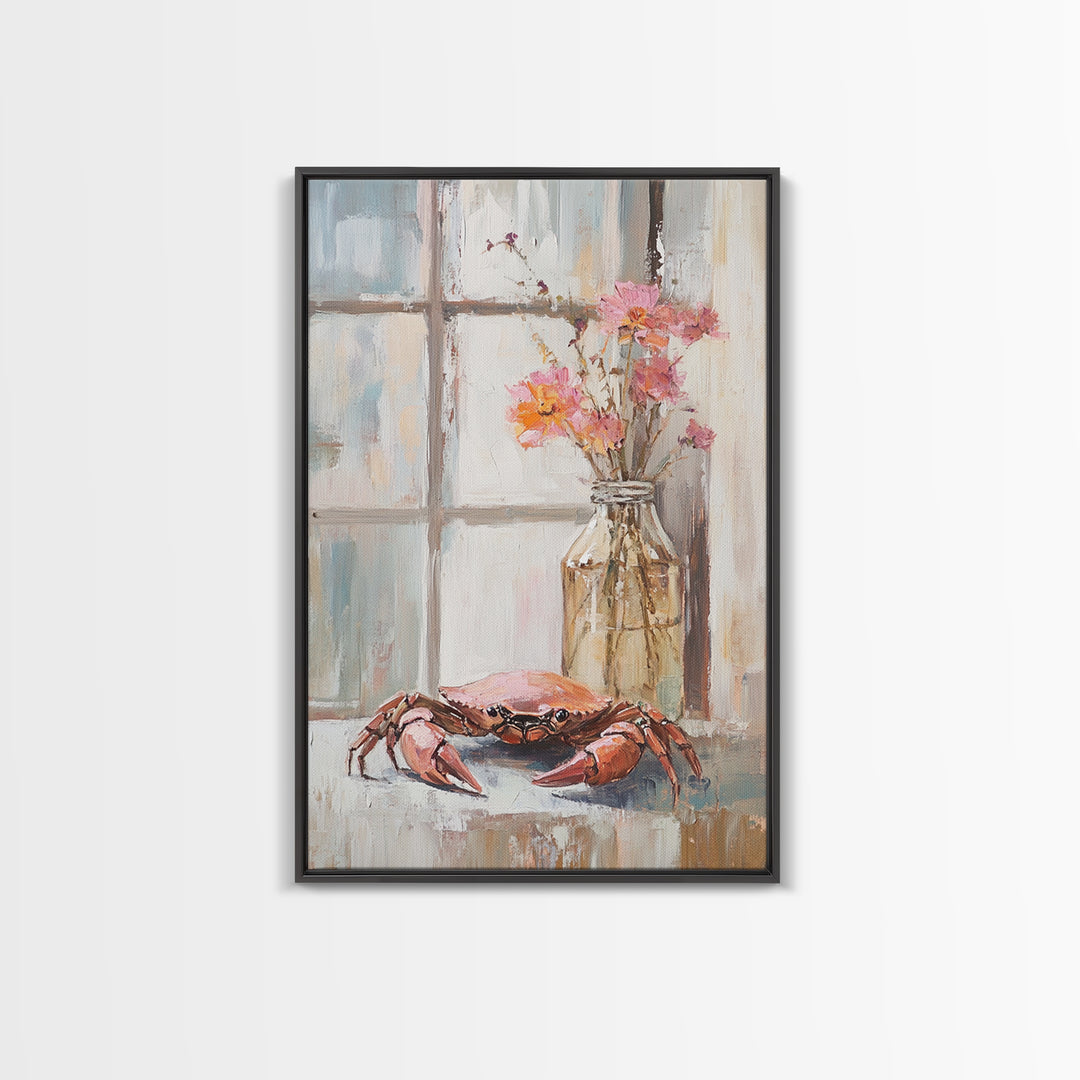 Blue Crab And Pink Flowers By Window, Framed Canvas Print, Coastal Kitchen Wall Art, Beach House Decor, Seafood Wall Art