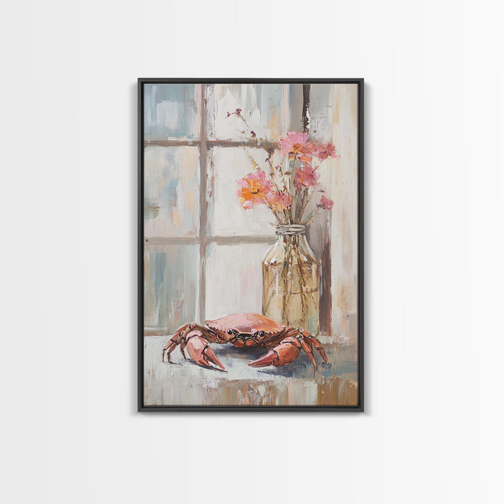 Blue Crab And Pink Flowers By Window, Framed Canvas Print, Coastal Kitchen Wall Art, Beach House Decor, Seafood Wall Art