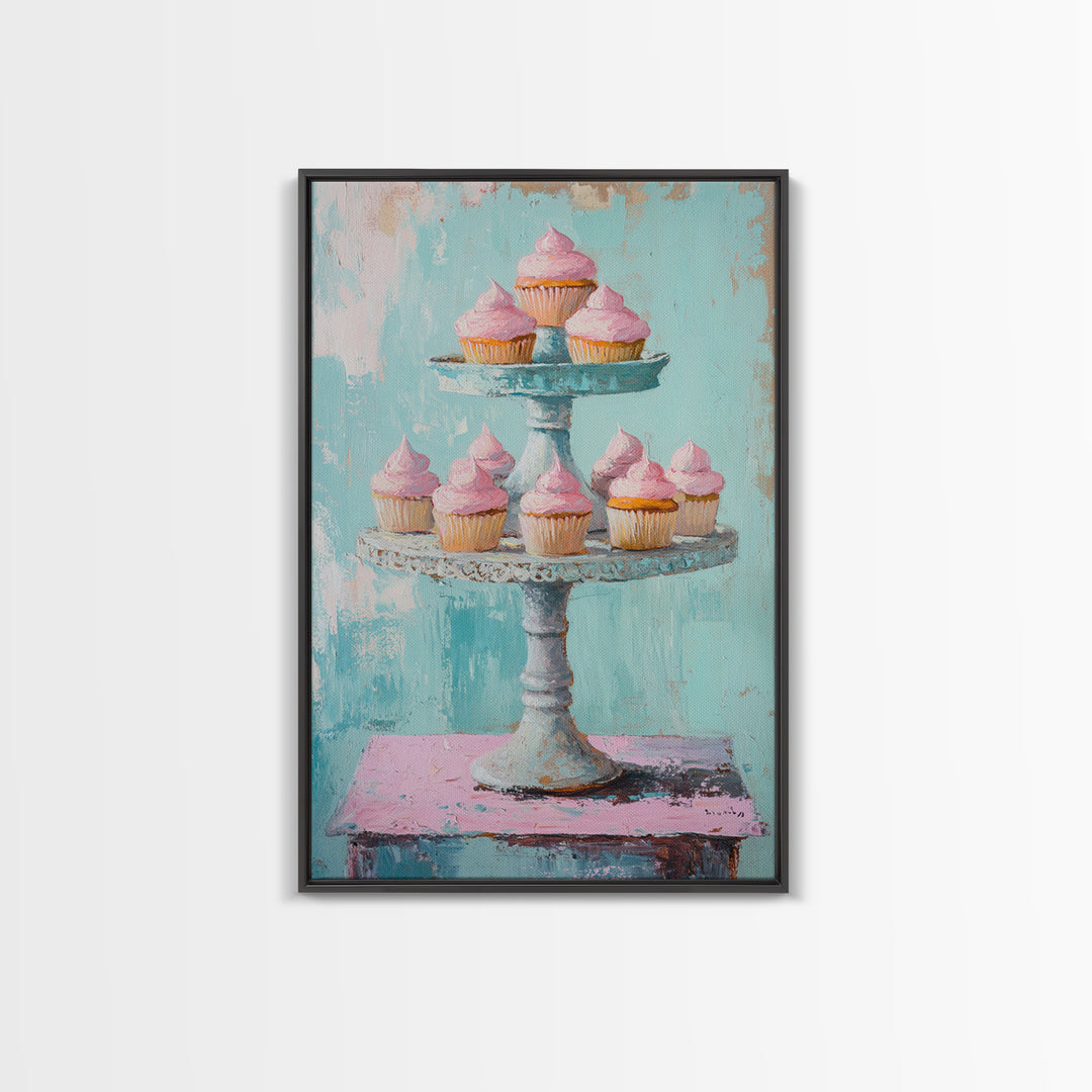 Pink Cupcakes On Tiered Stand Canvas Print, Cute Bakery Wall Art, Girls Room Decor, Dessert Art, Kitchen Decor Gift, Home Decor