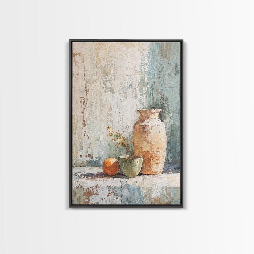 Rustic Vase With Orange Still Life Canvas Print, Neutral Wall Art, Farmhouse Decor, Kitchen Art, Minimalist Home Decor Gift