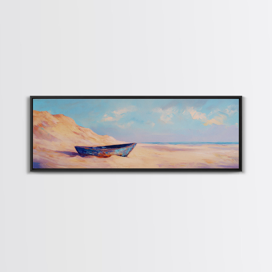 Blue Boat On Sandy Beach Wall Art, Coastal Landscape Painting, Ocean Wall Decor, Beach House Decor, Nautical Print, Summer Home Decor