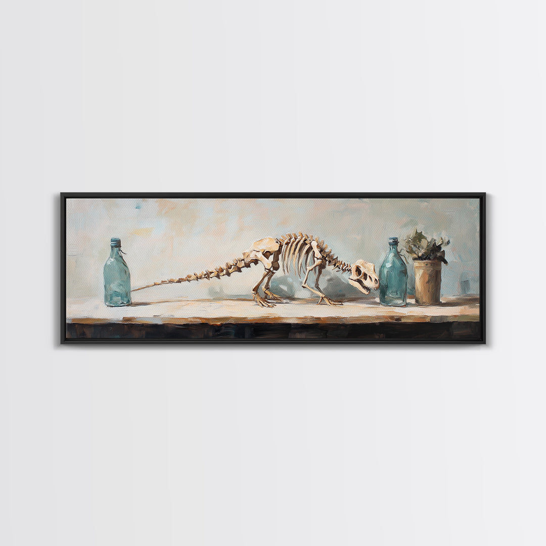 Dinosaur Skeleton Still Life Canvas Print, Quirky Science Wall Art, Oddities Decor, Curiosity Cabinet, Office Decor, Gift For Him