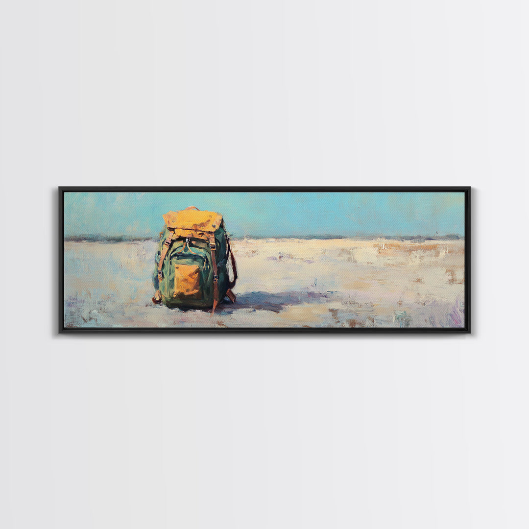 Lonely Backpack On Beach Canvas Print, Minimalist Coastal Landscape Art, Travel Wall Decor, Adventure Gift For Him, Office Decor