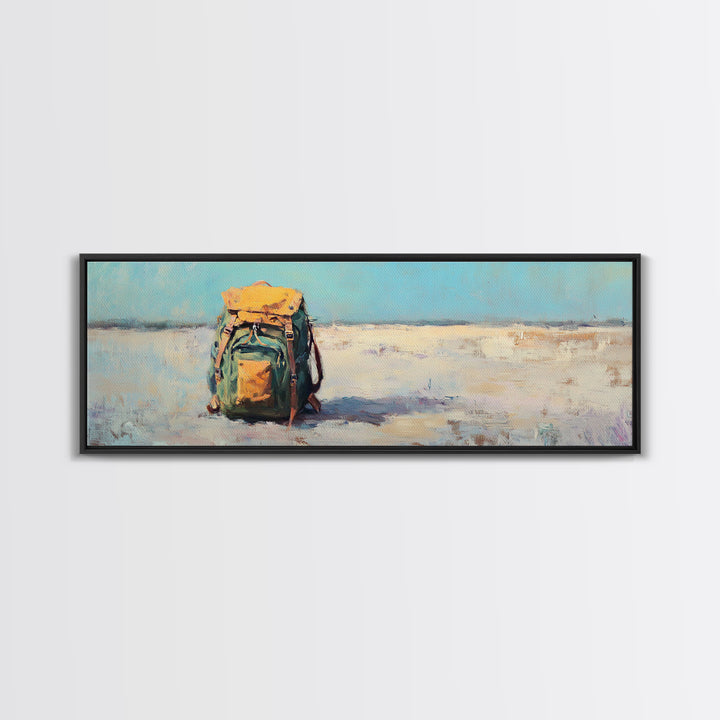 Lonely Backpack On Beach Canvas Print, Minimalist Coastal Landscape Art, Travel Wall Decor, Adventure Gift For Him, Office Decor