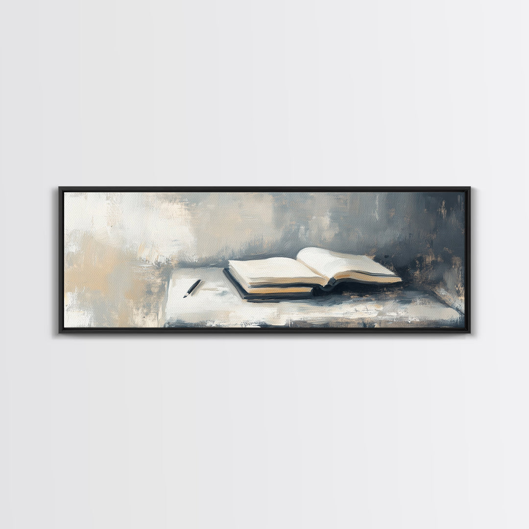 Open Book And Pen Wall Art, Minimalist Literary Canvas Print, Neutral Office Decor, Library Reading Nook Gift For Her, Home Decor