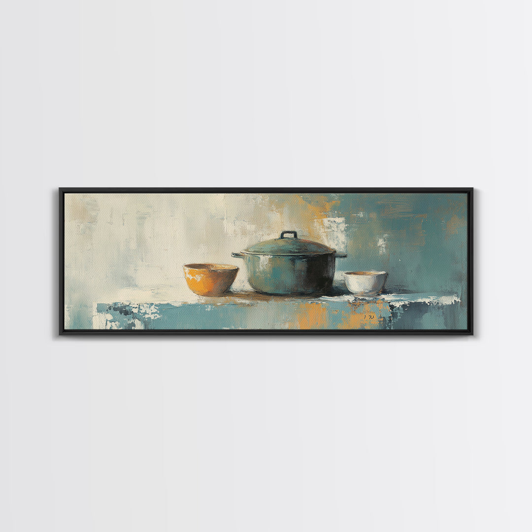 Blue Pot And Bowls Kitchen Wall Art, Rustic Farmhouse Decor, Modern Still Life Canvas Print, Cozy Dining Room Decor, Home Decor
