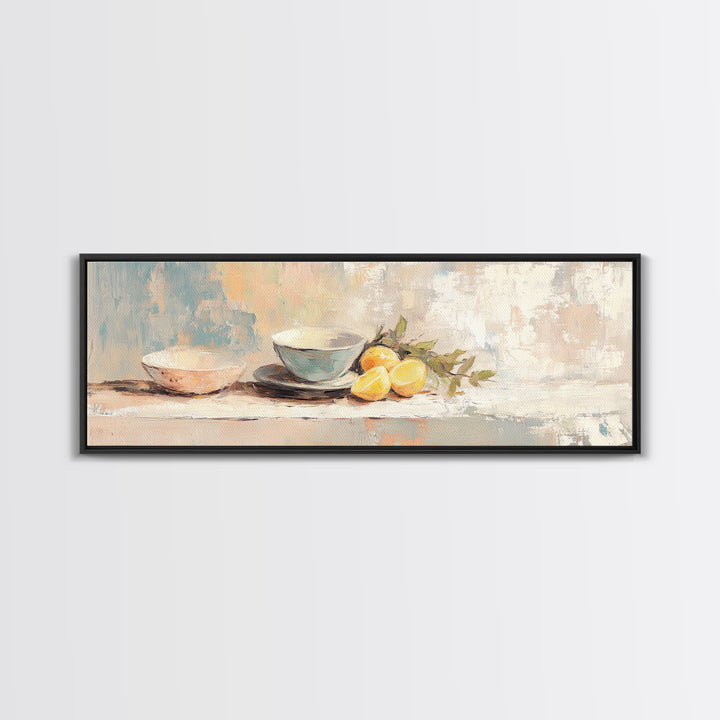 Blue Bowls And Lemons Still Life Canvas Print, Modern Kitchen Wall Art, Food Decor, Citrus Painting, Home Decor, Housewarming Gift