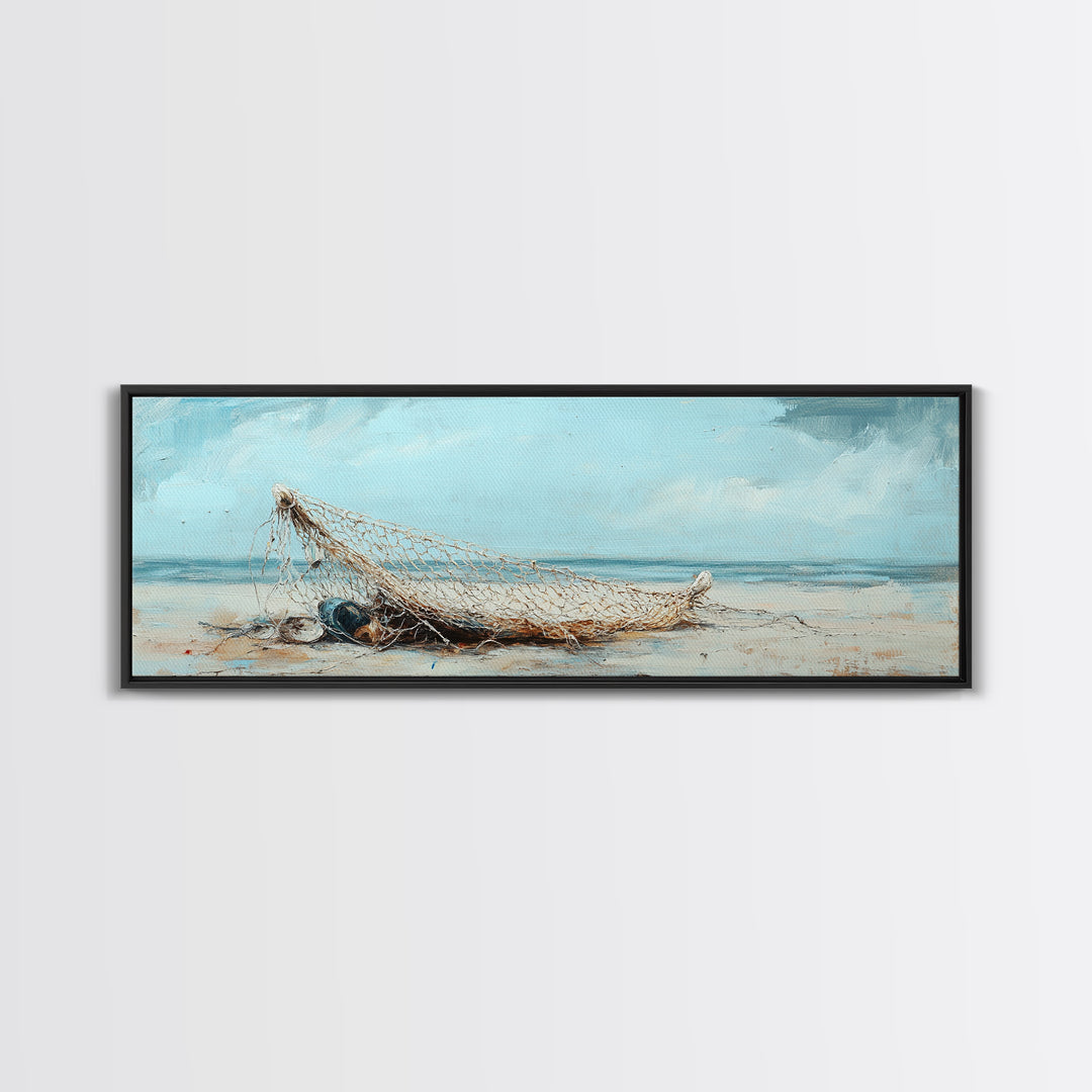 Weathered Fishing Net On Beach Canvas Print, Coastal Wall Art, Nautical Decor, Seascape Painting, Beach House Rustic Home Decor Gift