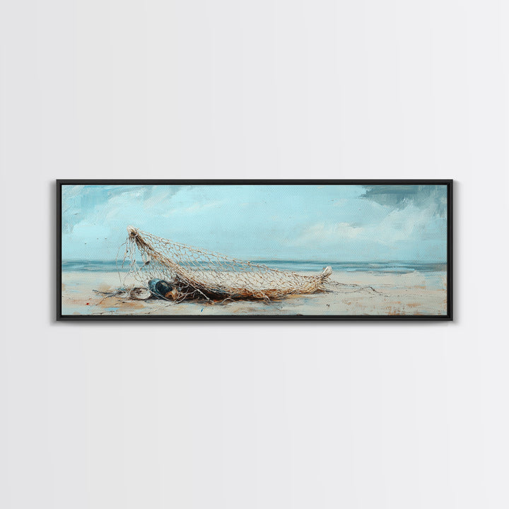 Weathered Fishing Net On Beach Canvas Print, Coastal Wall Art, Nautical Decor, Seascape Painting, Beach House Rustic Home Decor Gift
