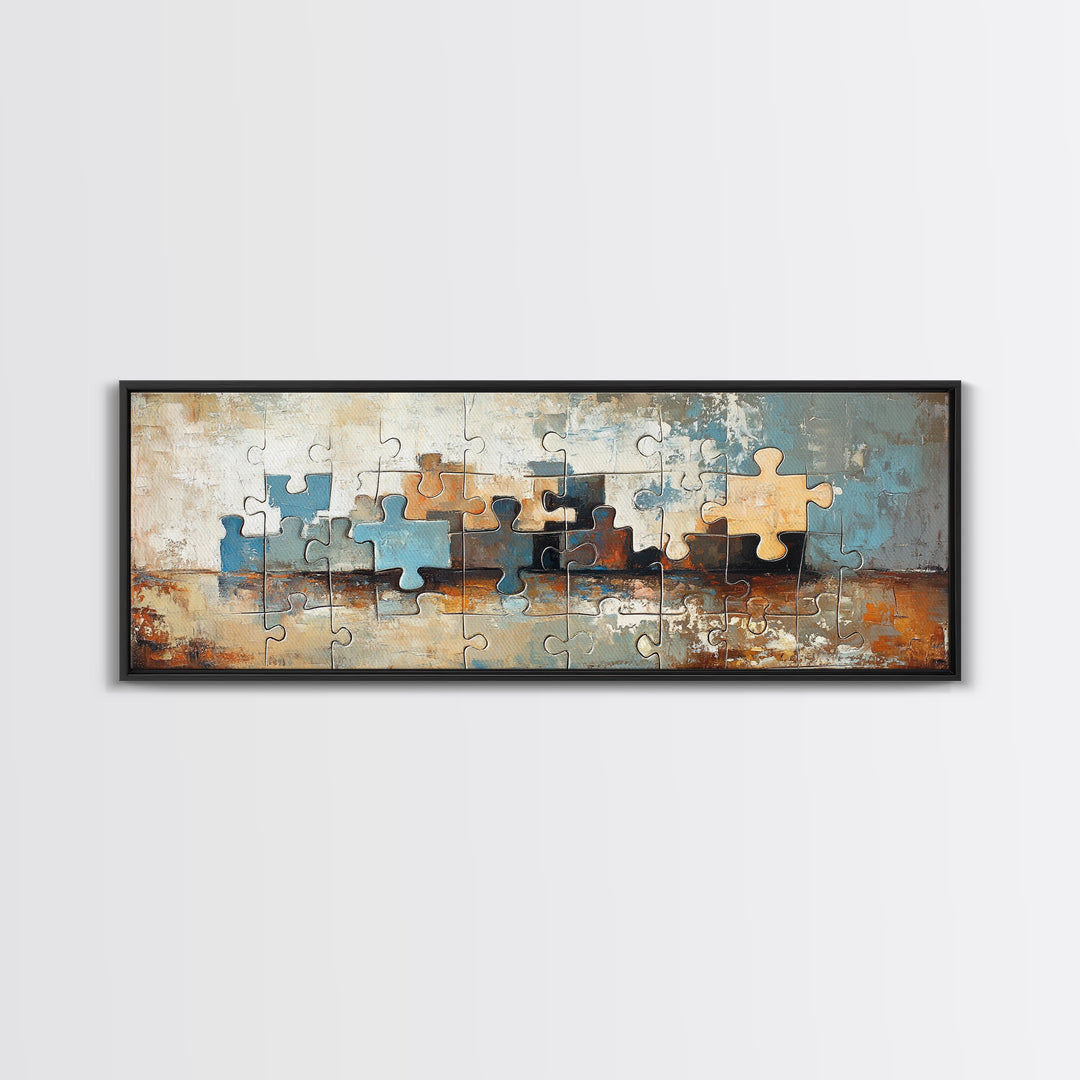 Abstract Puzzle Pieces Painting Wall Art, Modern Geometric Canvas Print For Living Room Decor And Office Decor Gift For Him