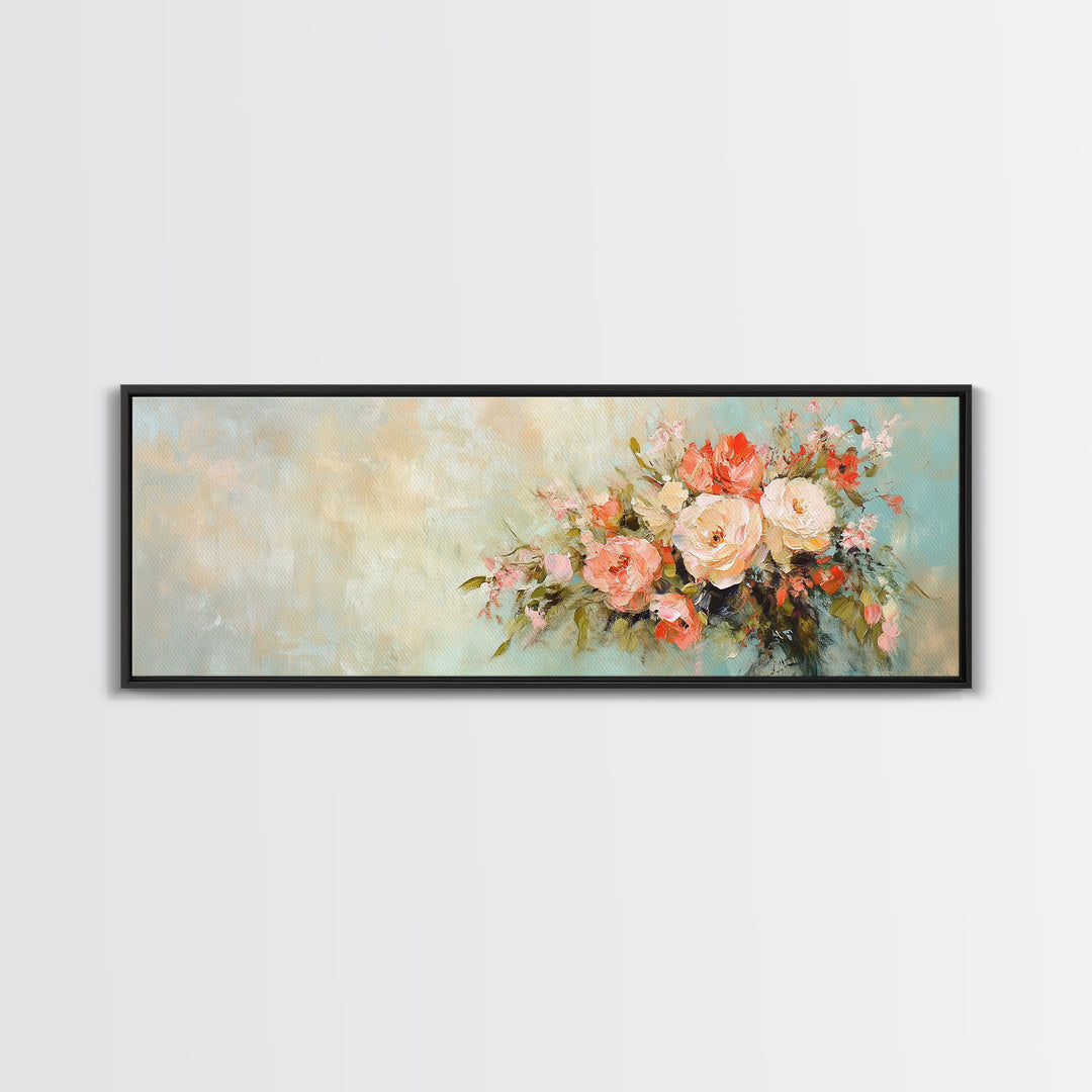 Romantic Peach Rose Bouquet Framed Canvas Print, Floral Wall Art For Bedroom Decor Living Room Decor And Housewarming Gift For Her