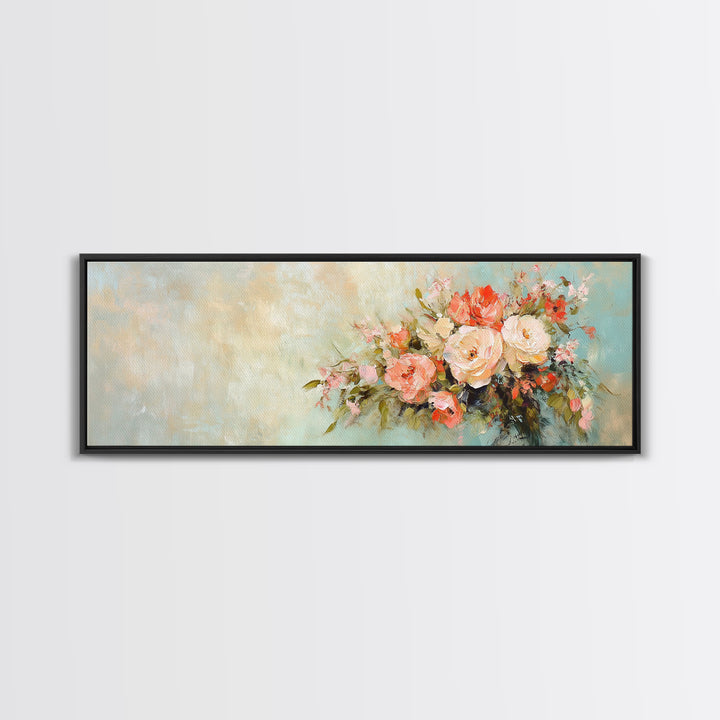 Romantic Peach Rose Bouquet Framed Canvas Print, Floral Wall Art For Bedroom Decor Living Room Decor And Housewarming Gift For Her