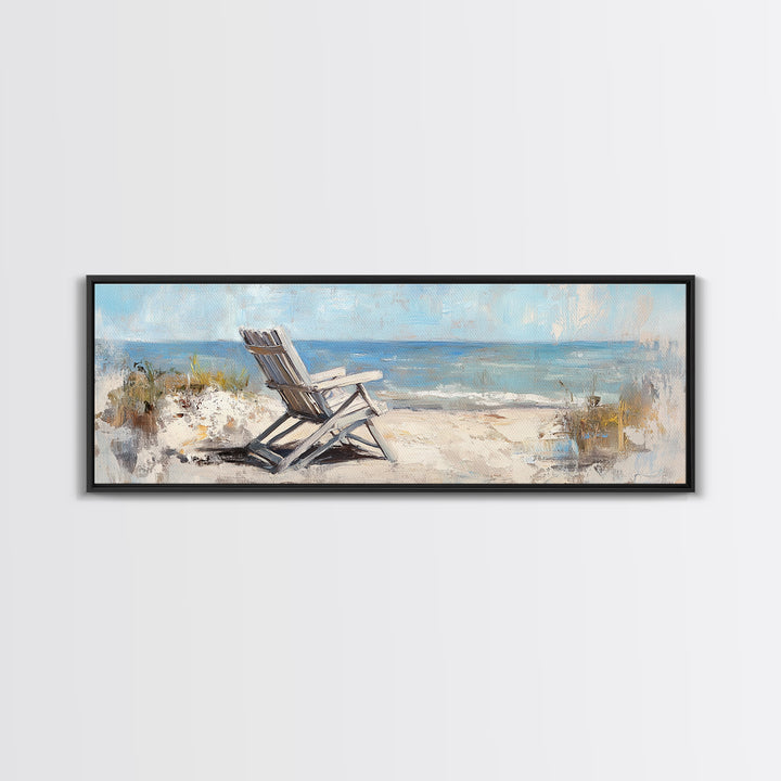 White Beach Chair Ocean View Framed Canvas Print, Coastal Wall Art For Beach House Decor Living Room Decor And Housewarming Gift