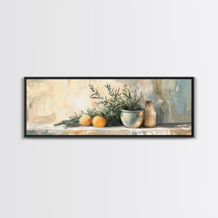 Olive Branch And Citrus Still Life Wall Art, Rustic Kitchen Canvas Print, Farmhouse Country Decor, Mediterranean Art Print