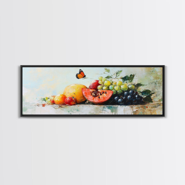 Tropical Fruit And Butterfly Still Life Wall Art, Colorful Kitchen Canvas Print, Summer Farmhouse Decor, Food Lover Gift Art Print
