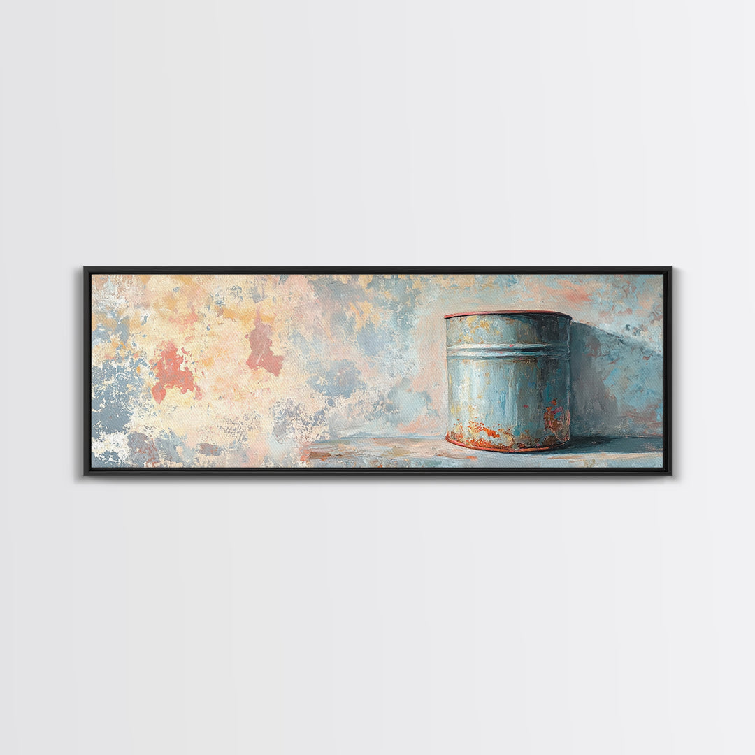 Weathered Blue Tin Can Still Life Wall Art, Rustic Farmhouse Canvas Print, Industrial Kitchen Decor, Textured Painting Print