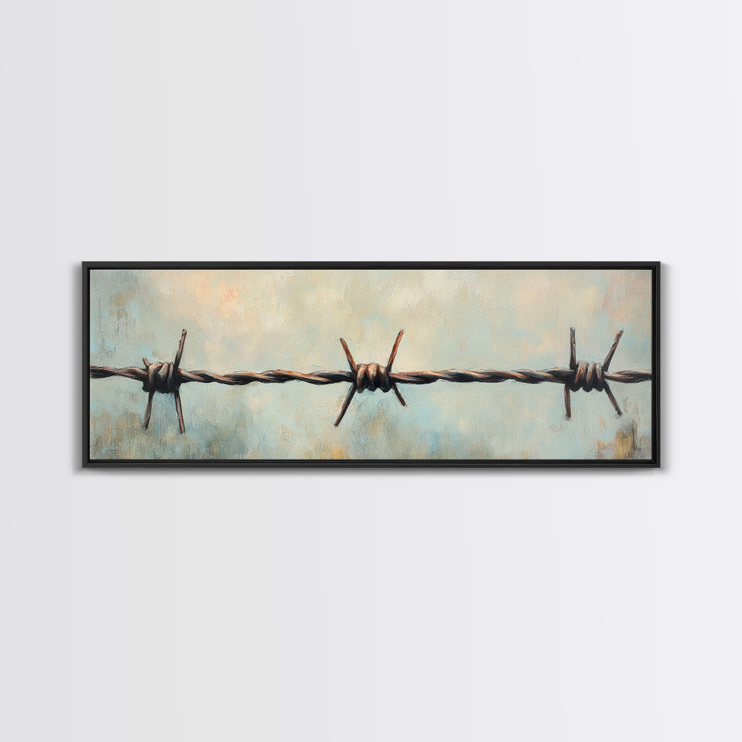 Rustic Barbed Wire Fence Wall Art, Western Canvas Print, Farmhouse Country Decor, Industrial Ranch Masculine Office Decor