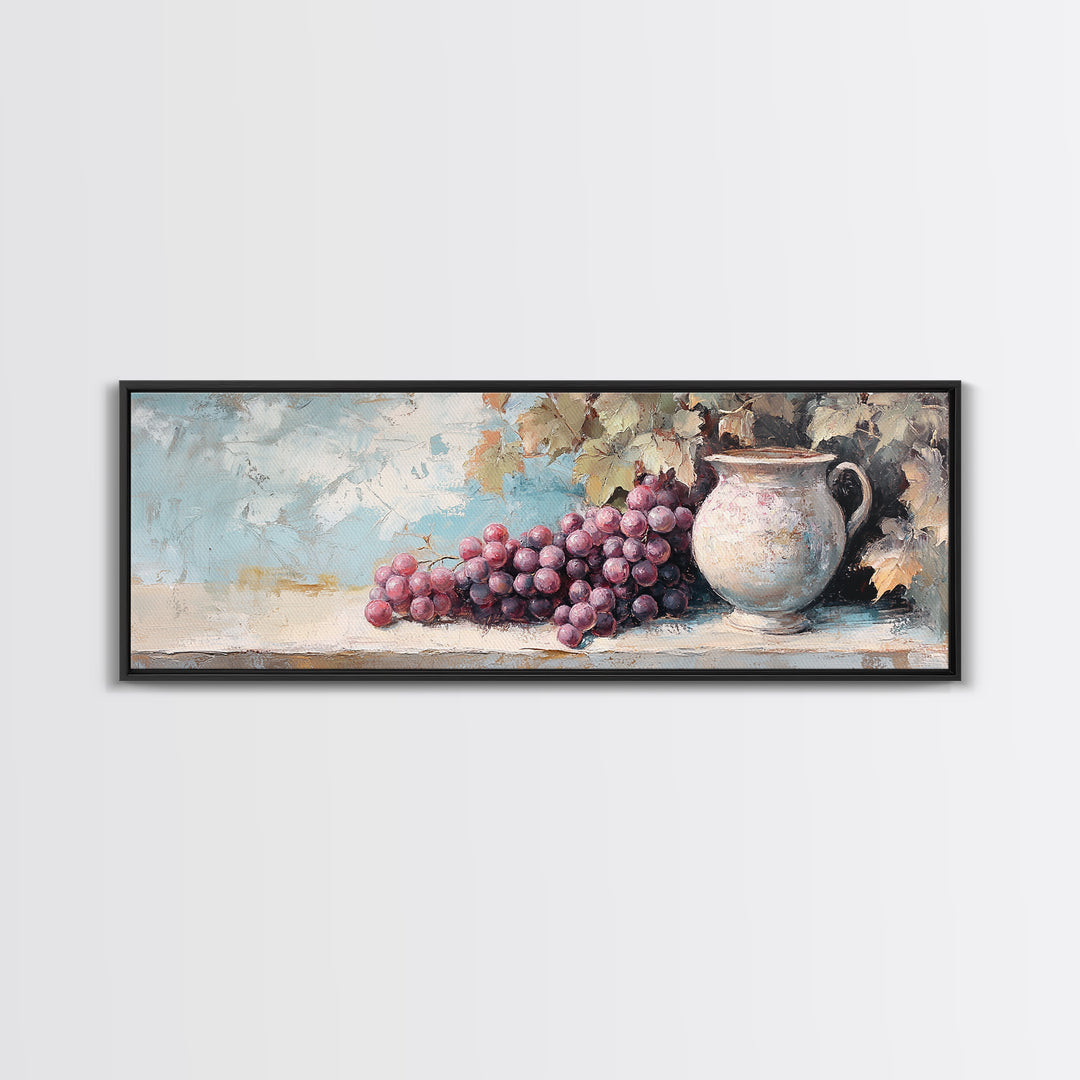 Purple Grapes And Rustic Pitcher Framed Canvas Print, Winery Wall Art, French Country Decor, Kitchen Wall Decor, Gift For Her