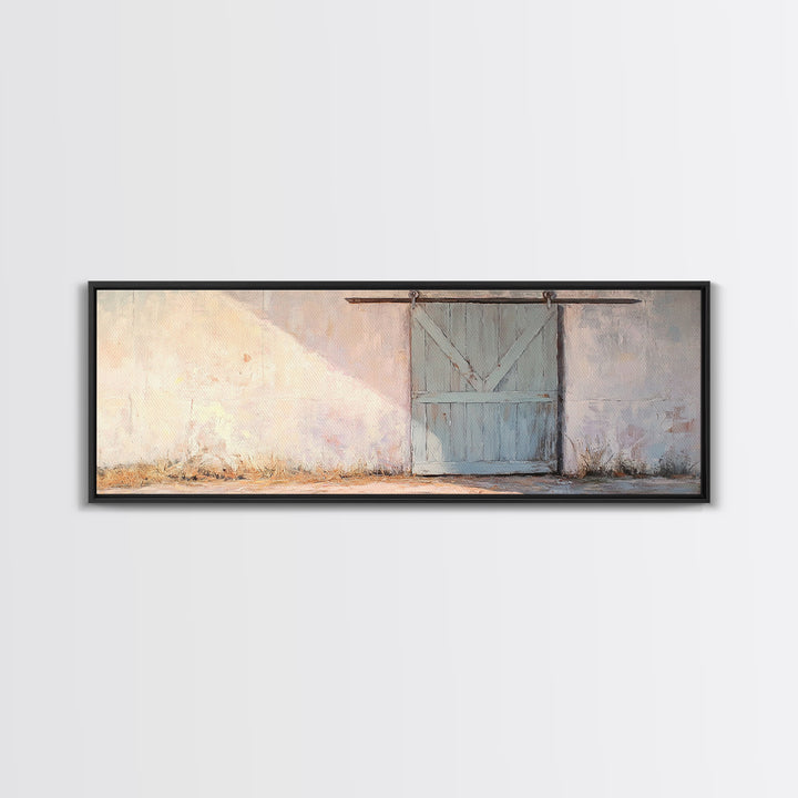 Blue Sliding Barn Door Wall Art, Rustic Farmhouse Decor, Country Wall Decor, Minimalist Landscape Print, Housewarming Gift