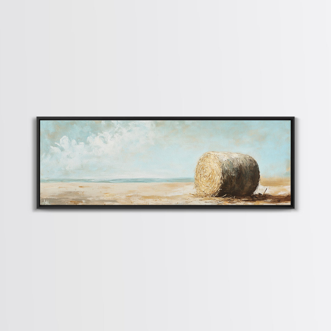 Golden Hay Bale Coastal Landscape Wall Art, Rustic Farmhouse Decor, Country Canvas Print For Living Room Or Kitchen Wall Decor