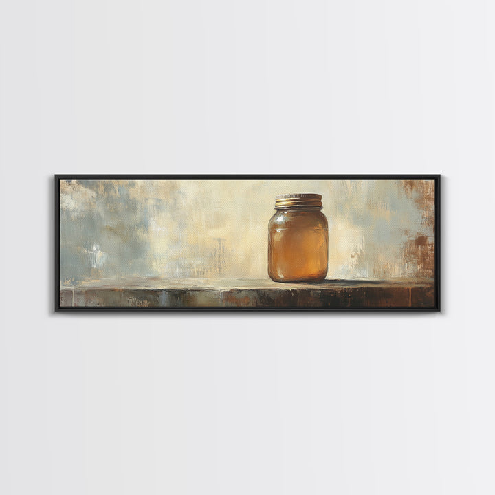 Amber Mason Jar Still Life Wall Art, Rustic Farmhouse Decor, Neutral Canvas Print For Kitchen Shelf Or Dining Room Wall Decor