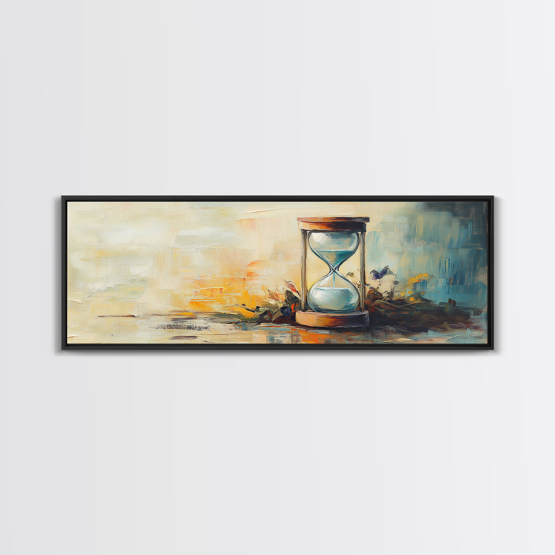 Hourglass Sunset Still Life Wall Art, Long Horizontal Canvas, Neutral Coastal Decor, Abstract Painting, Living Room Print